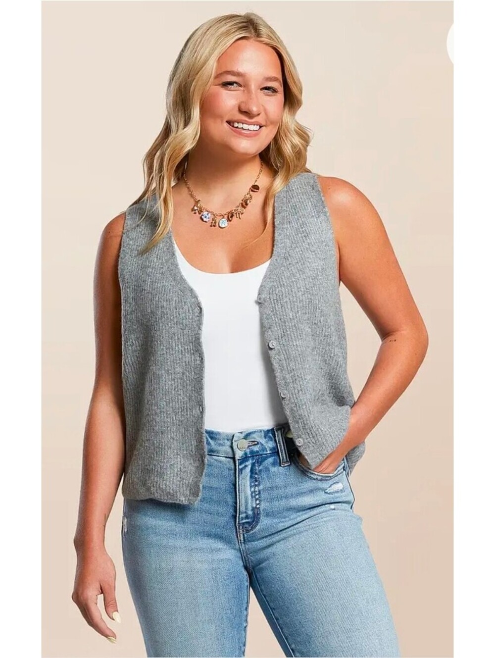 Z Supply Gray Ribbed Knit Button-Up Vest